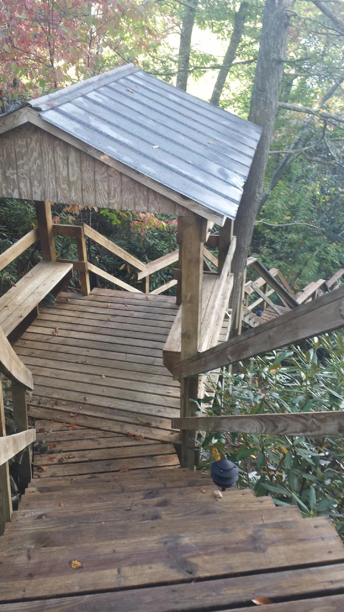 Metal roofed shelter over wooden steps on a wooded walkway — Skylight Repair & Installation work by our crew in Cathedral City